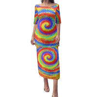 Colorful Tie Dye Spiral Goft Family Matching Puletasi and Hawaiian Shirt Custom Name in Retro Psychedelic Style Design - Wonder Print Shop