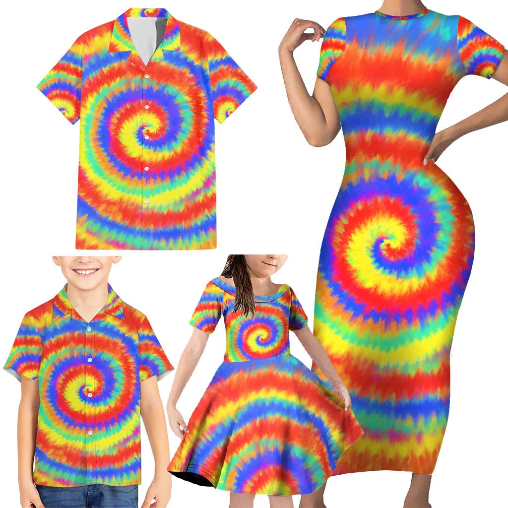 Colorful Tie Dye Spiral Goft Family Matching Short Sleeve Bodycon Dress and Hawaiian Shirt Custom Name in Retro Psychedelic Style Design - Wonder Print Shop
