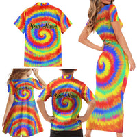 Colorful Tie Dye Spiral Goft Family Matching Short Sleeve Bodycon Dress and Hawaiian Shirt Custom Name in Retro Psychedelic Style Design - Wonder Print Shop