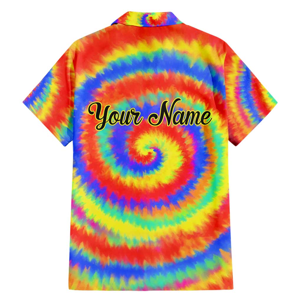 Colorful Tie Dye Spiral Goft Family Matching Short Sleeve Bodycon Dress and Hawaiian Shirt Custom Name in Retro Psychedelic Style Design - Wonder Print Shop