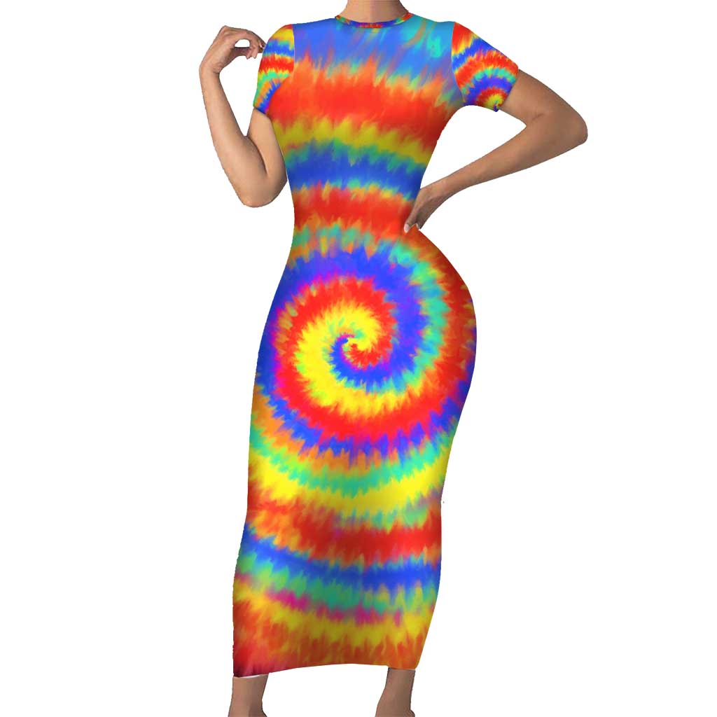 Colorful Tie Dye Spiral Goft Family Matching Short Sleeve Bodycon Dress and Hawaiian Shirt Custom Name in Retro Psychedelic Style Design - Wonder Print Shop