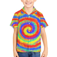Colorful Tie Dye Spiral Goft Family Matching Short Sleeve Bodycon Dress and Hawaiian Shirt Custom Name in Retro Psychedelic Style Design - Wonder Print Shop