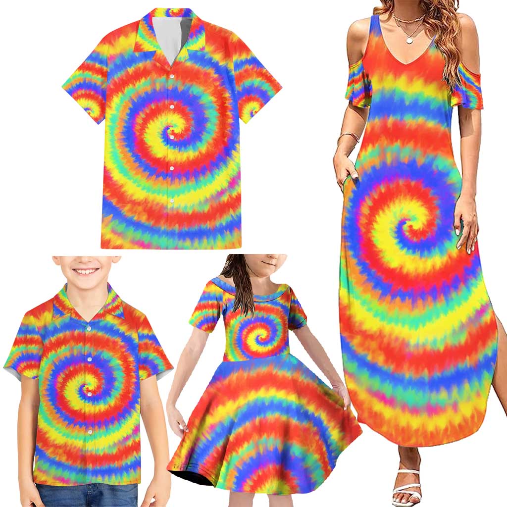 Colorful Tie Dye Spiral Goft Family Matching Summer Maxi Dress and Hawaiian Shirt Custom Name in Retro Psychedelic Style Design - Wonder Print Shop