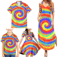 Colorful Tie Dye Spiral Goft Family Matching Summer Maxi Dress and Hawaiian Shirt Custom Name in Retro Psychedelic Style Design - Wonder Print Shop