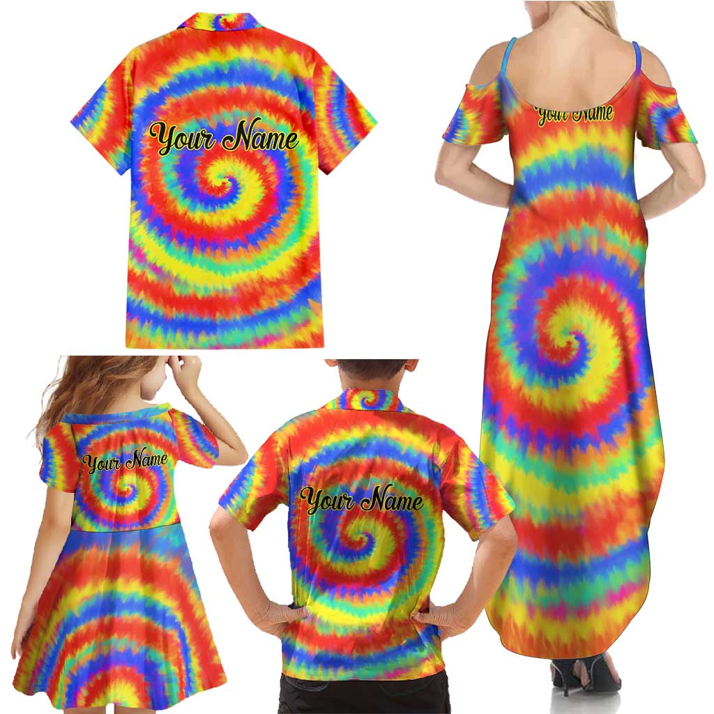 Colorful Tie Dye Spiral Goft Family Matching Summer Maxi Dress and Hawaiian Shirt Custom Name in Retro Psychedelic Style Design - Wonder Print Shop