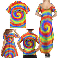 Colorful Tie Dye Spiral Goft Family Matching Summer Maxi Dress and Hawaiian Shirt Custom Name in Retro Psychedelic Style Design - Wonder Print Shop