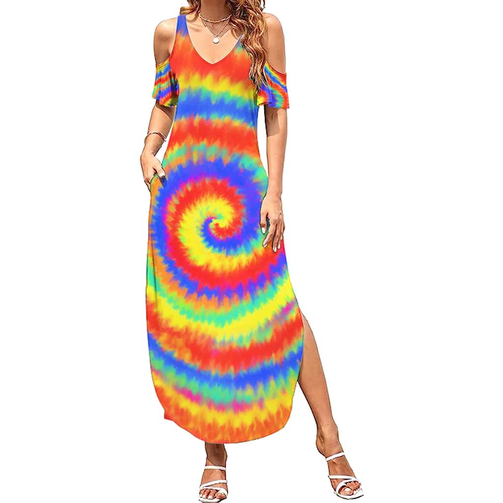 Colorful Tie Dye Spiral Goft Family Matching Summer Maxi Dress and Hawaiian Shirt Custom Name in Retro Psychedelic Style Design - Wonder Print Shop