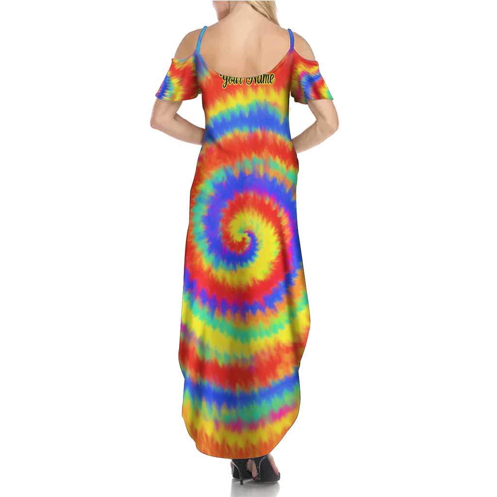 Colorful Tie Dye Spiral Goft Family Matching Summer Maxi Dress and Hawaiian Shirt Custom Name in Retro Psychedelic Style Design - Wonder Print Shop
