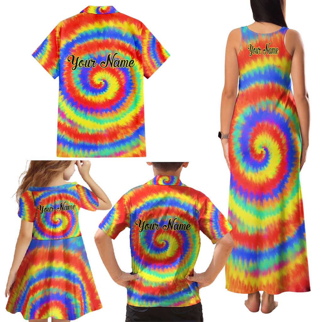 Colorful Tie Dye Spiral Goft Family Matching Tank Maxi Dress and Hawaiian Shirt Custom Name in Retro Psychedelic Style Design - Wonder Print Shop