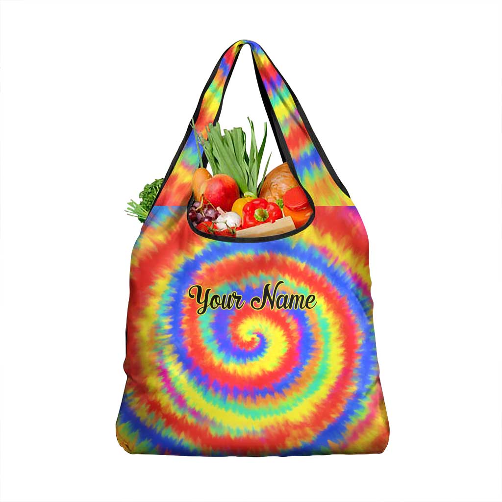 Colorful Tie Dye Spiral Goft Grocery Bag Custom Name in Retro Psychedelic Style Design - Wonder Print Shop