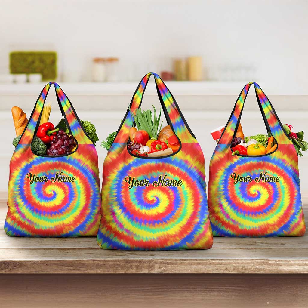 Colorful Tie Dye Spiral Goft Grocery Bag Custom Name in Retro Psychedelic Style Design - Wonder Print Shop
