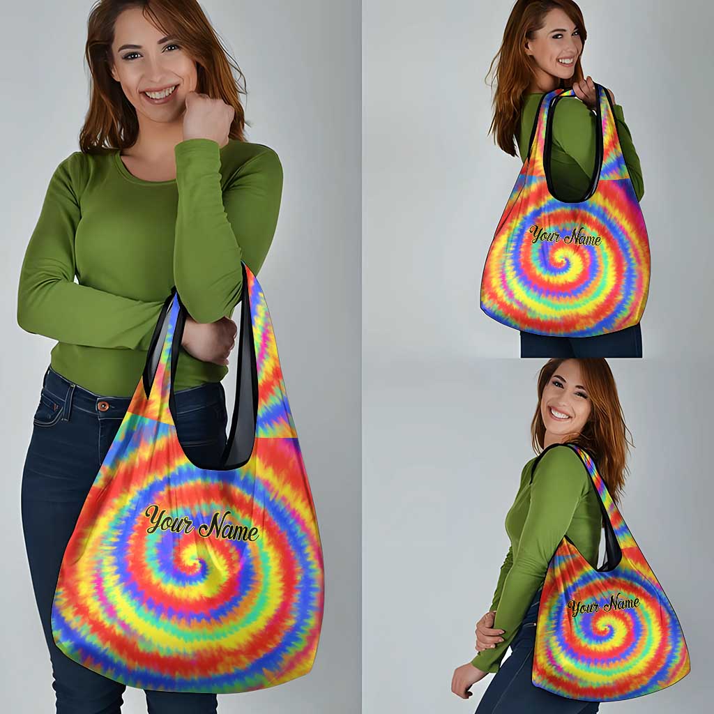 Colorful Tie Dye Spiral Goft Grocery Bag Custom Name in Retro Psychedelic Style Design - Wonder Print Shop