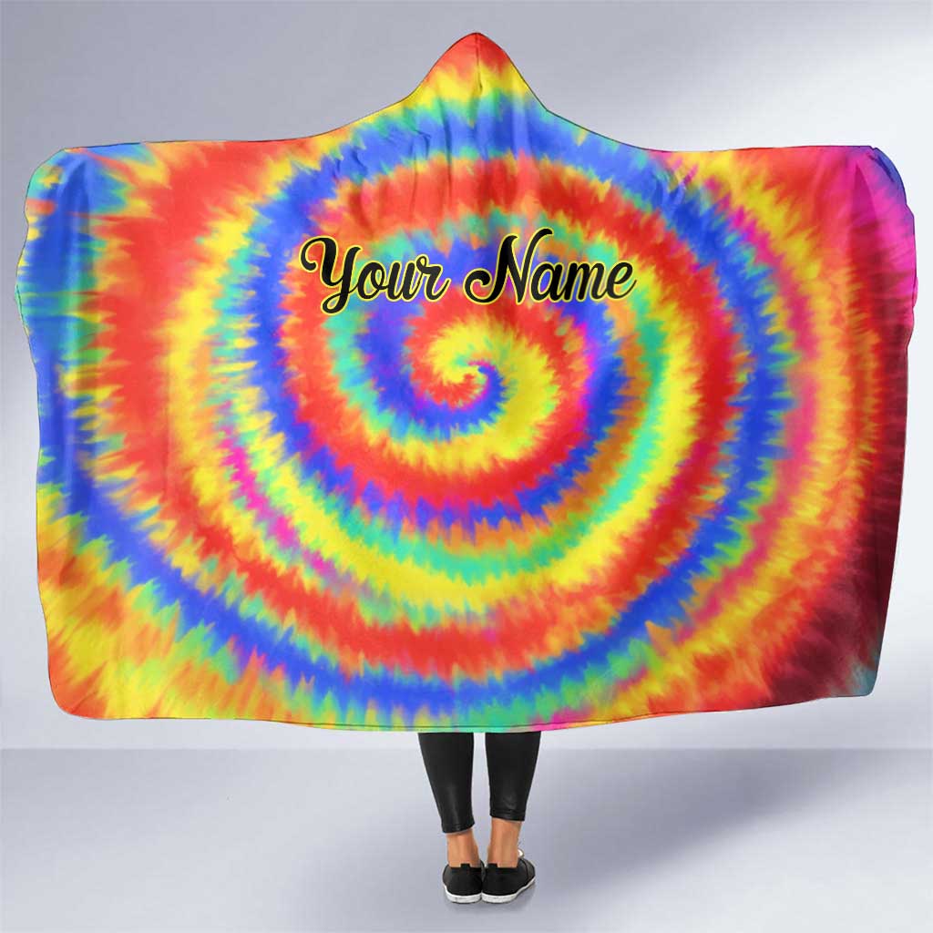 Colorful Tie Dye Spiral Goft Hooded Blanket Custom Name in Retro Psychedelic Style Design - Wonder Print Shop