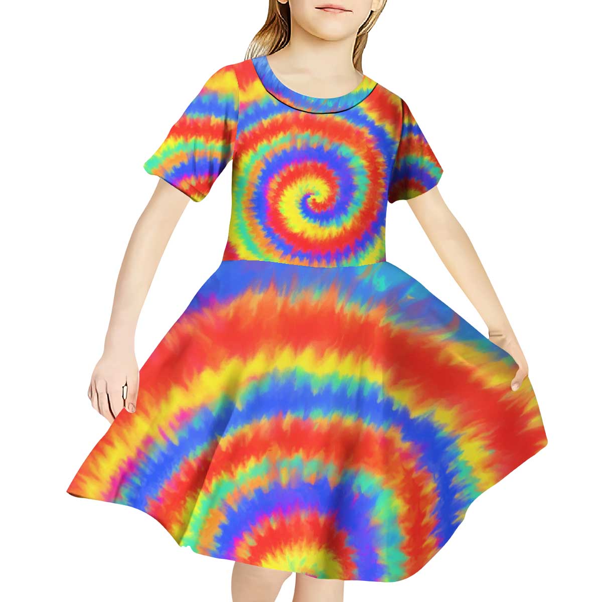 Colorful Tie Dye Spiral Goft Kid Short Sleeve Dress Custom Name in Retro Psychedelic Style Design - Wonder Print Shop