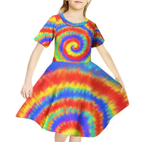 Colorful Tie Dye Spiral Goft Kid Short Sleeve Dress Custom Name in Retro Psychedelic Style Design - Wonder Print Shop