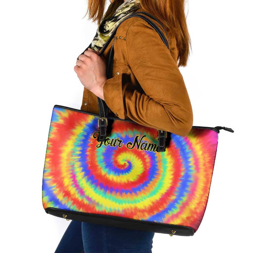 Colorful Tie Dye Spiral Goft Leather Tote Bag Custom Name in Retro Psychedelic Style Design - Wonder Print Shop