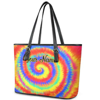 Colorful Tie Dye Spiral Goft Leather Tote Bag Custom Name in Retro Psychedelic Style Design - Wonder Print Shop
