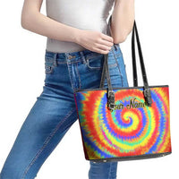 Colorful Tie Dye Spiral Goft Leather Tote Bag Custom Name in Retro Psychedelic Style Design - Wonder Print Shop
