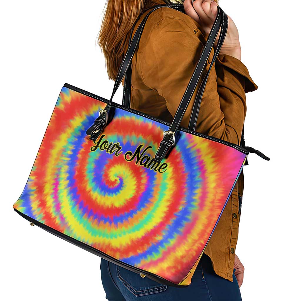 Colorful Tie Dye Spiral Goft Leather Tote Bag Custom Name in Retro Psychedelic Style Design - Wonder Print Shop