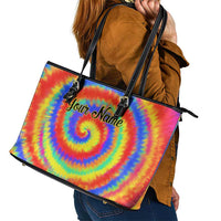 Colorful Tie Dye Spiral Goft Leather Tote Bag Custom Name in Retro Psychedelic Style Design - Wonder Print Shop