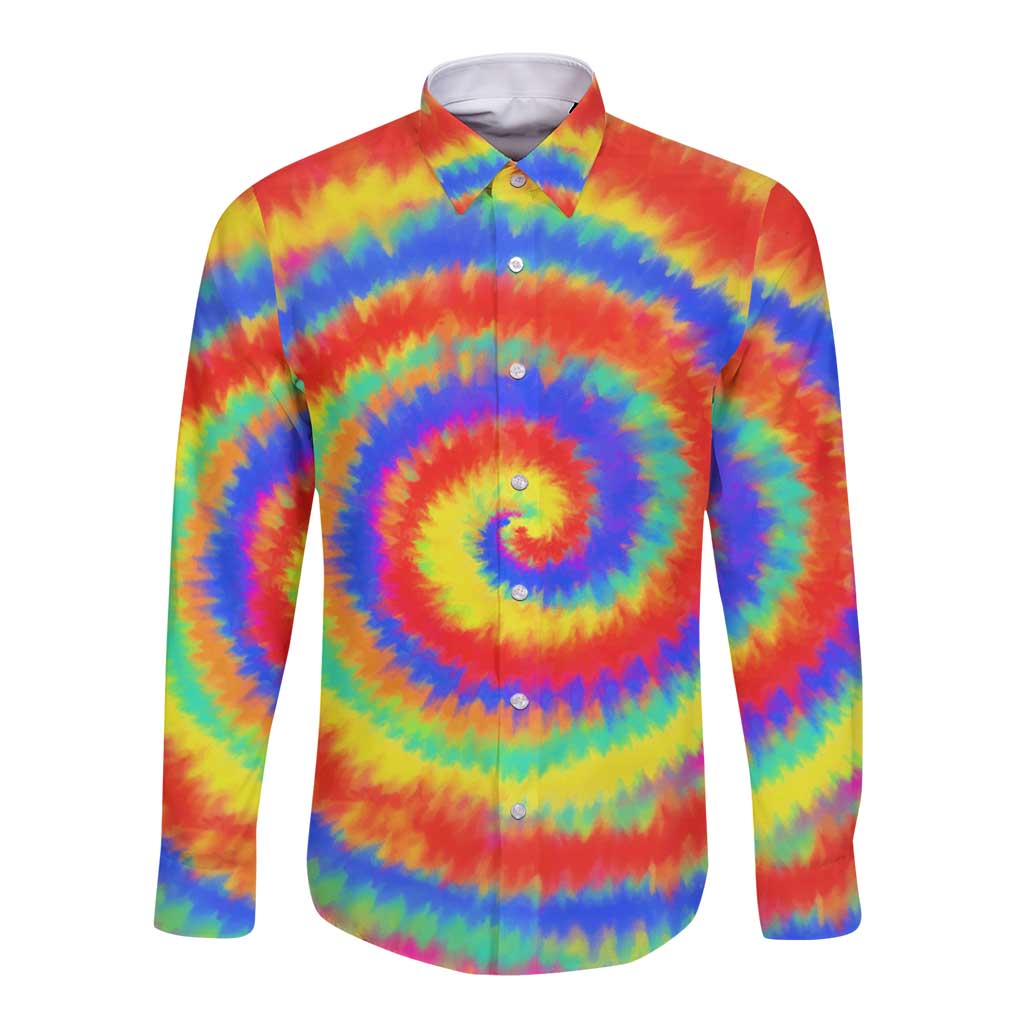 Colorful Tie Dye Spiral Goft Long Sleeve Button Shirt Custom Name in Retro Psychedelic Style Design - Wonder Print Shop