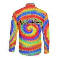 Colorful Tie Dye Spiral Goft Long Sleeve Button Shirt Custom Name in Retro Psychedelic Style Design - Wonder Print Shop