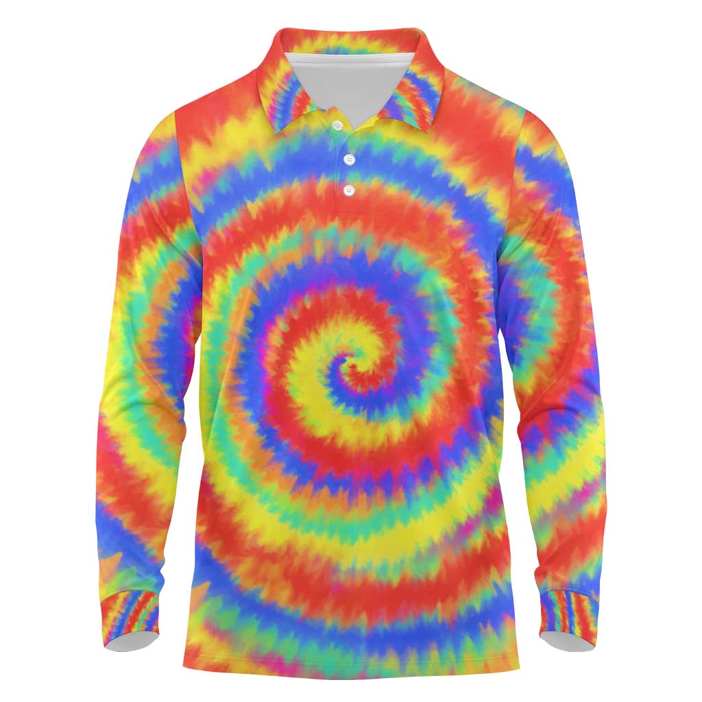 Colorful Tie Dye Spiral Goft Long Sleeve Polo Shirt Custom Name in Retro Psychedelic Style Design - Wonder Print Shop