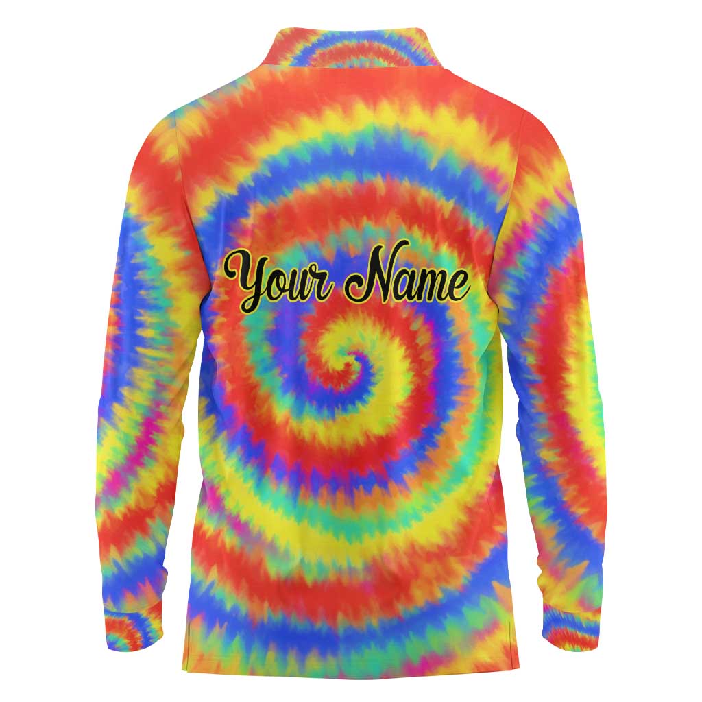 Colorful Tie Dye Spiral Goft Long Sleeve Polo Shirt Custom Name in Retro Psychedelic Style Design - Wonder Print Shop