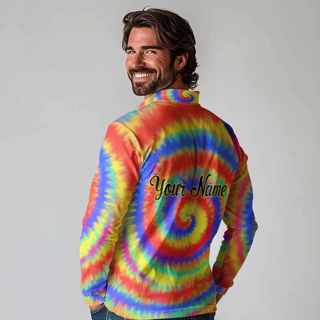 Colorful Tie Dye Spiral Goft Long Sleeve Polo Shirt Custom Name in Retro Psychedelic Style Design - Wonder Print Shop