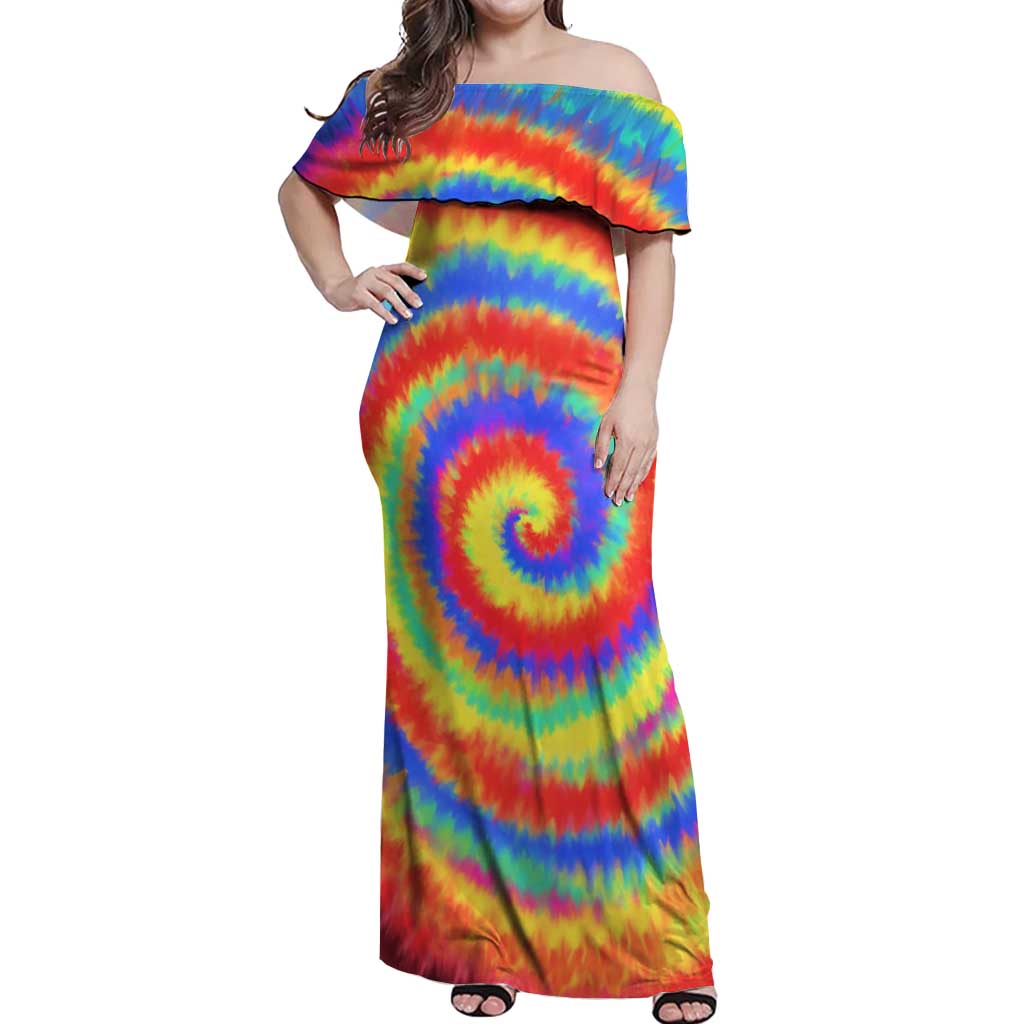Colorful Tie Dye Spiral Goft Off Shoulder Maxi Dress Custom Name in Retro Psychedelic Style Design - Wonder Print Shop