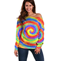 Colorful Tie Dye Spiral Goft Off Shoulder Sweater Custom Name in Retro Psychedelic Style Design - Wonder Print Shop