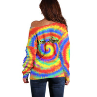 Colorful Tie Dye Spiral Goft Off Shoulder Sweater Custom Name in Retro Psychedelic Style Design - Wonder Print Shop