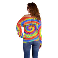Colorful Tie Dye Spiral Goft Off Shoulder Sweater Custom Name in Retro Psychedelic Style Design - Wonder Print Shop