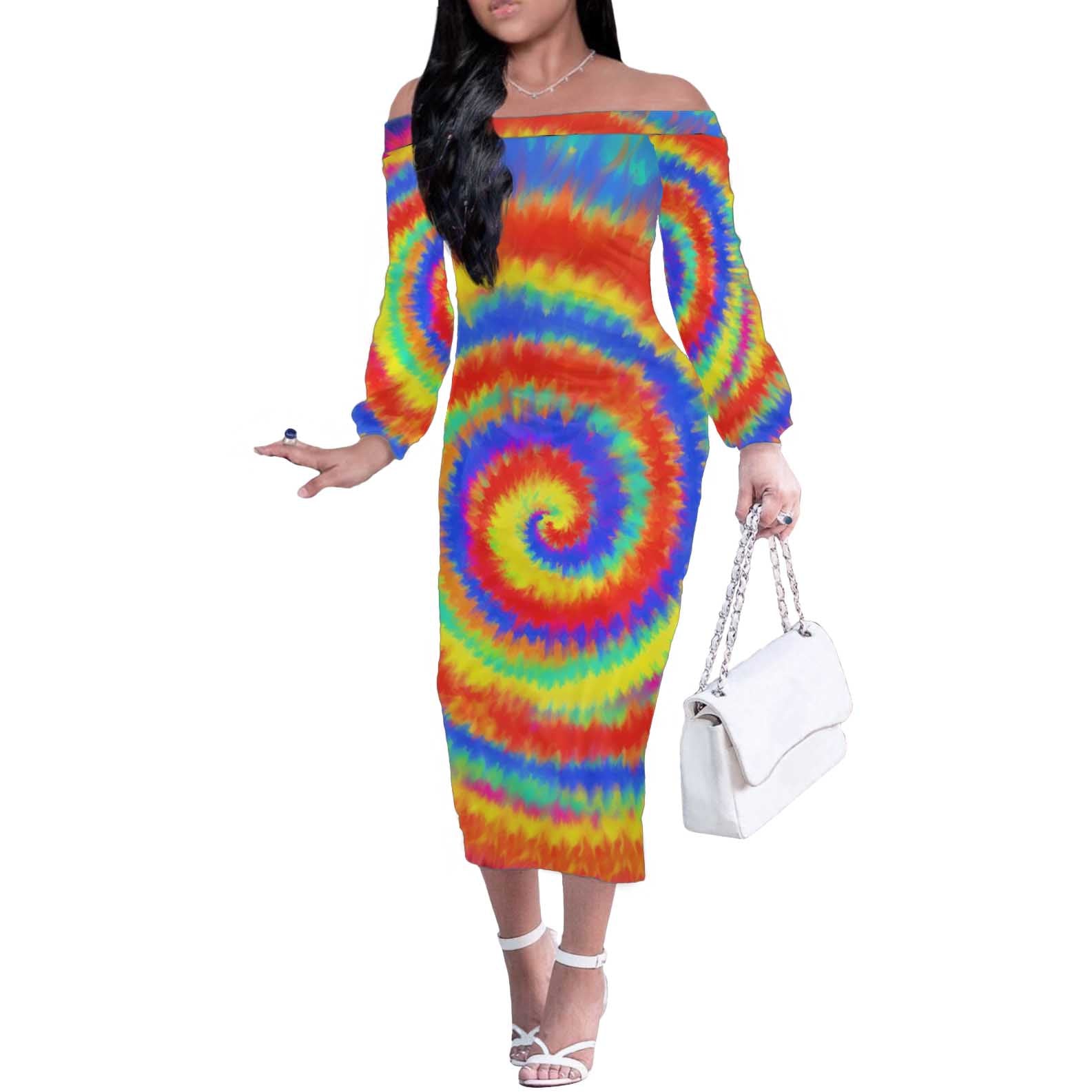 Colorful Tie Dye Spiral Goft Off The Shoulder Long Sleeve Dress Custom Name in Retro Psychedelic Style Design - Wonder Print Shop