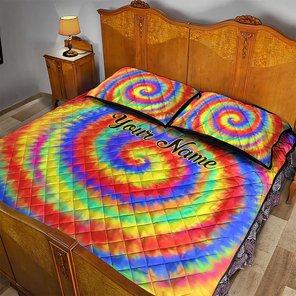Colorful Tie Dye Spiral Goft Quilt Bed Set Custom Name in Retro Psychedelic Style Design - Wonder Print Shop