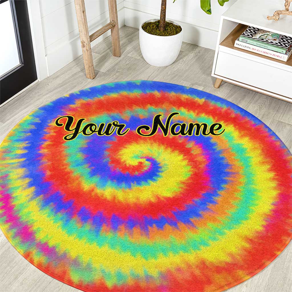 Colorful Tie Dye Spiral Goft Round Carpet Custom Name in Retro Psychedelic Style Design - Wonder Print Shop