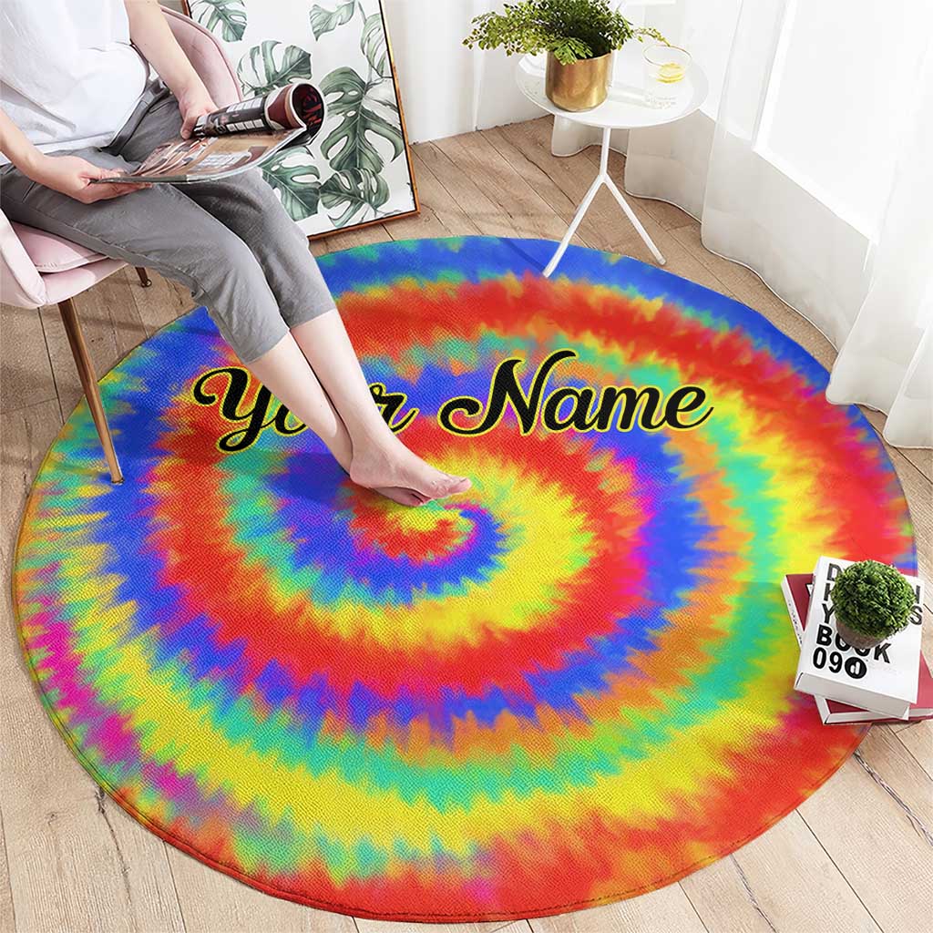 Colorful Tie Dye Spiral Goft Round Carpet Custom Name in Retro Psychedelic Style Design - Wonder Print Shop