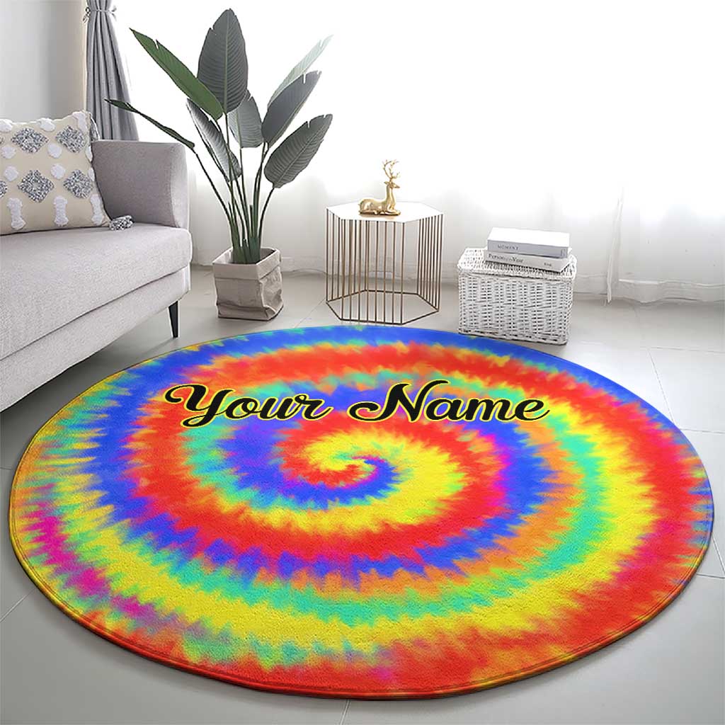 Colorful Tie Dye Spiral Goft Round Carpet Custom Name in Retro Psychedelic Style Design - Wonder Print Shop