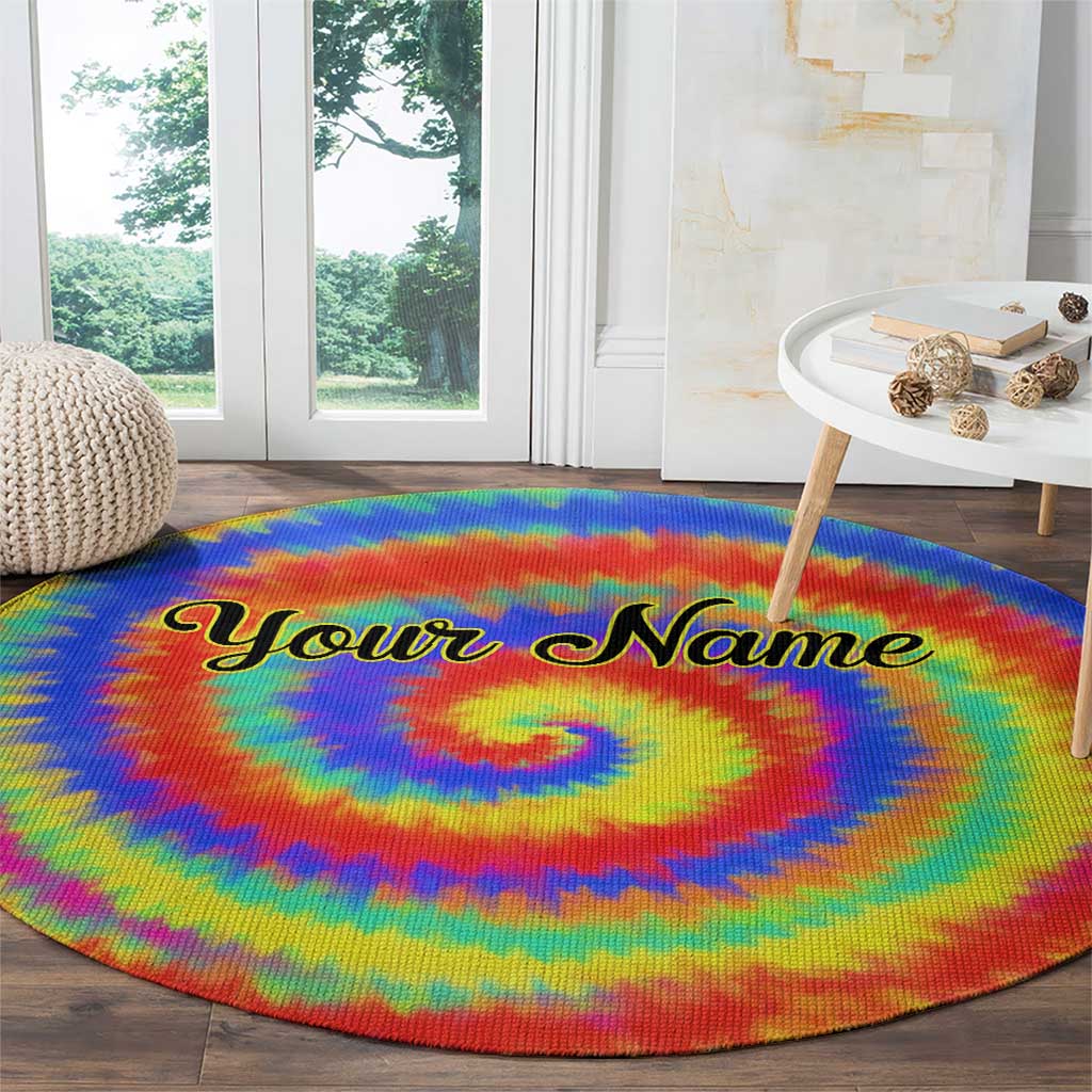 Colorful Tie Dye Spiral Goft Round Carpet Custom Name in Retro Psychedelic Style Design - Wonder Print Shop