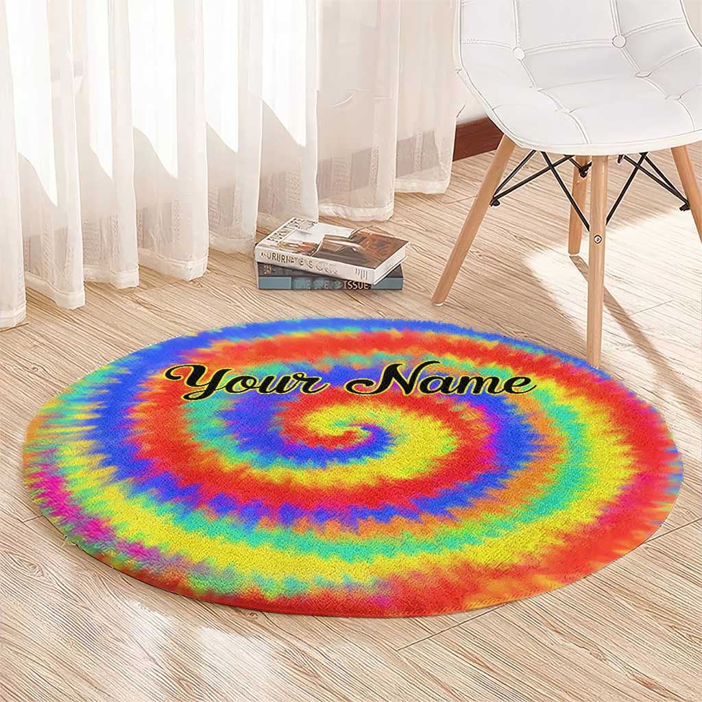 Colorful Tie Dye Spiral Goft Round Carpet Custom Name in Retro Psychedelic Style Design - Wonder Print Shop