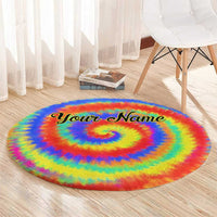 Colorful Tie Dye Spiral Goft Round Carpet Custom Name in Retro Psychedelic Style Design - Wonder Print Shop