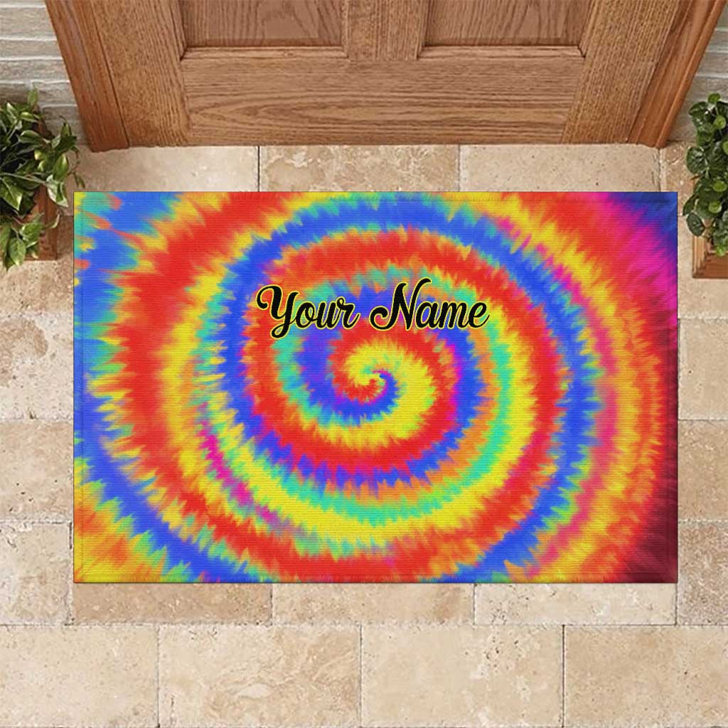 Colorful Tie Dye Spiral Goft Rubber Doormat Custom Name in Retro Psychedelic Style Design - Wonder Print Shop
