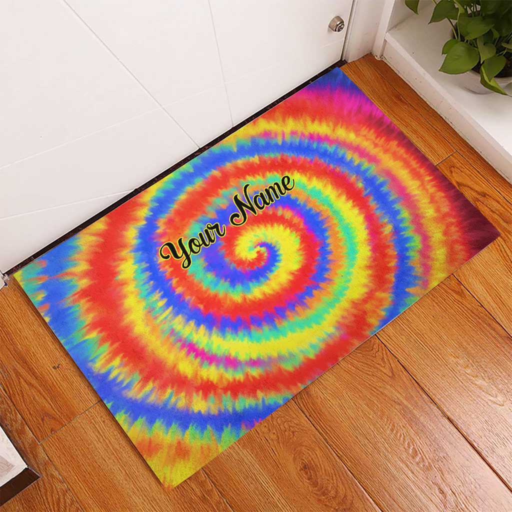 Colorful Tie Dye Spiral Goft Rubber Doormat Custom Name in Retro Psychedelic Style Design - Wonder Print Shop