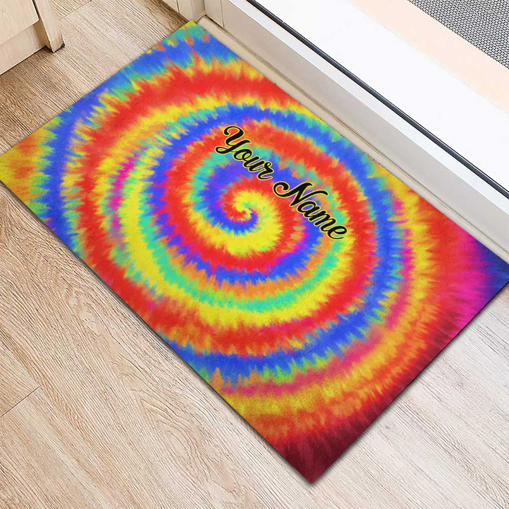 Colorful Tie Dye Spiral Goft Rubber Doormat Custom Name in Retro Psychedelic Style Design - Wonder Print Shop