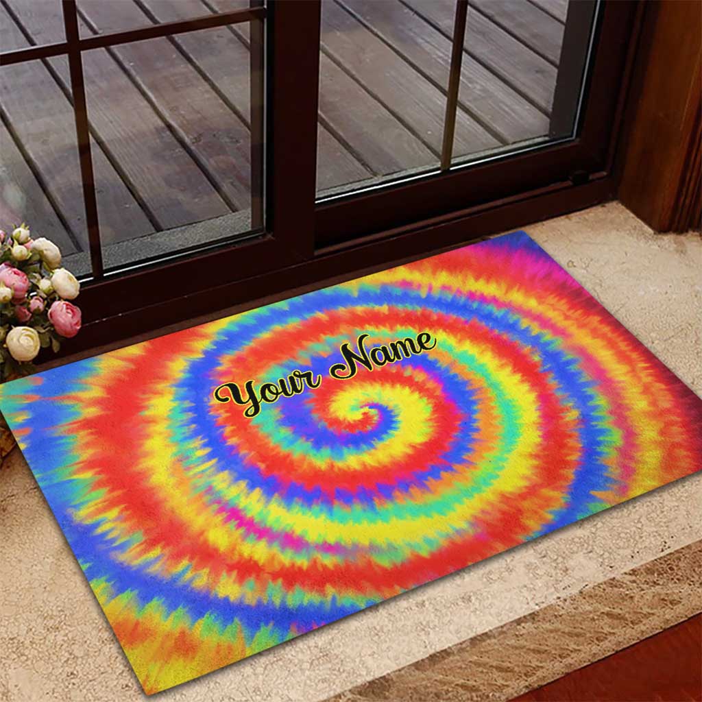 Colorful Tie Dye Spiral Goft Rubber Doormat Custom Name in Retro Psychedelic Style Design - Wonder Print Shop