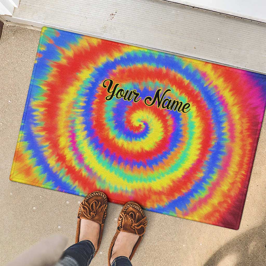 Colorful Tie Dye Spiral Goft Rubber Doormat Custom Name in Retro Psychedelic Style Design - Wonder Print Shop