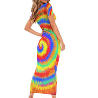 Colorful Tie Dye Spiral Goft Short Sleeve Bodycon Dress Custom Name in Retro Psychedelic Style Design - Wonder Print Shop