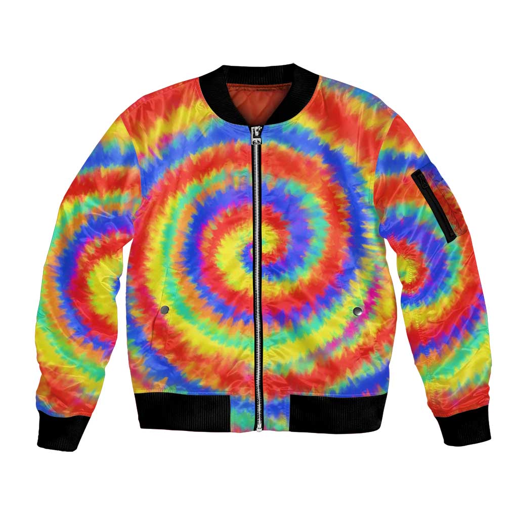 Colorful Tie Dye Spiral Goft Sleeve Zip Bomber Jacket Custom Name in Retro Psychedelic Style Design - Wonder Print Shop