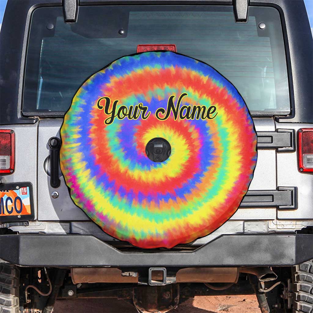 Colorful Tie Dye Spiral Goft Spare Tire Cover Custom Name in Retro Psychedelic Style Design - Wonder Print Shop