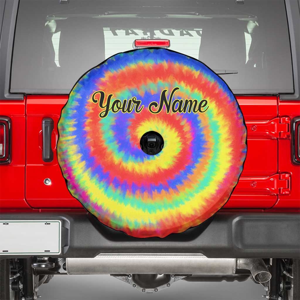 Colorful Tie Dye Spiral Goft Spare Tire Cover Custom Name in Retro Psychedelic Style Design - Wonder Print Shop